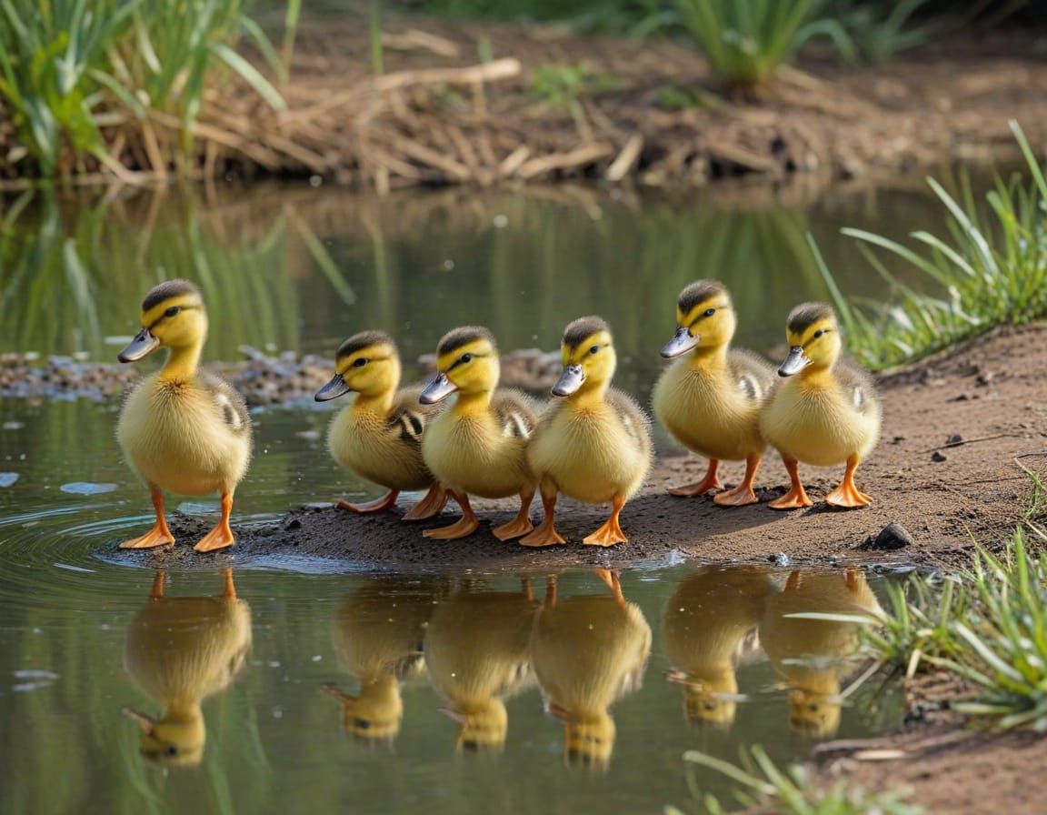 Baby Ducks Waddling Towards a Pond
