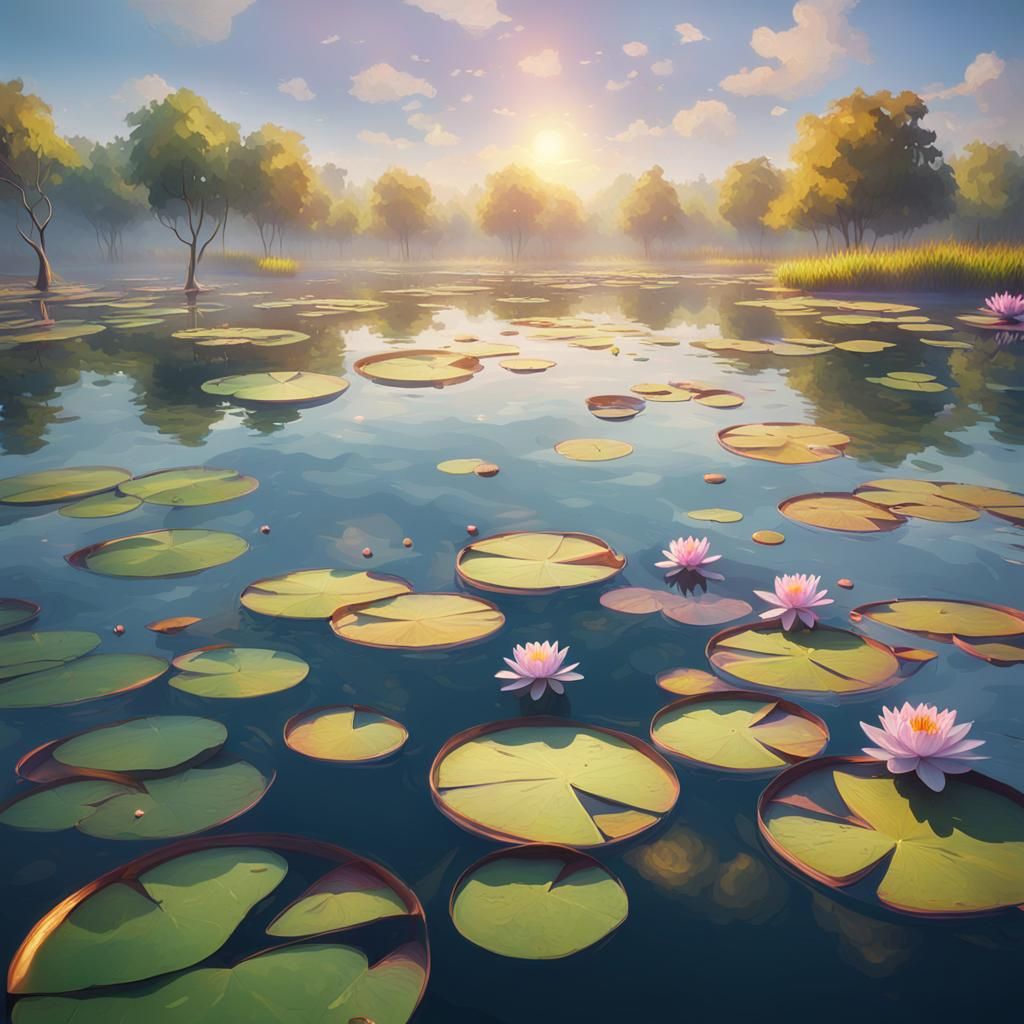 Vibrant Water Lilies in Serene Lake Landscape
