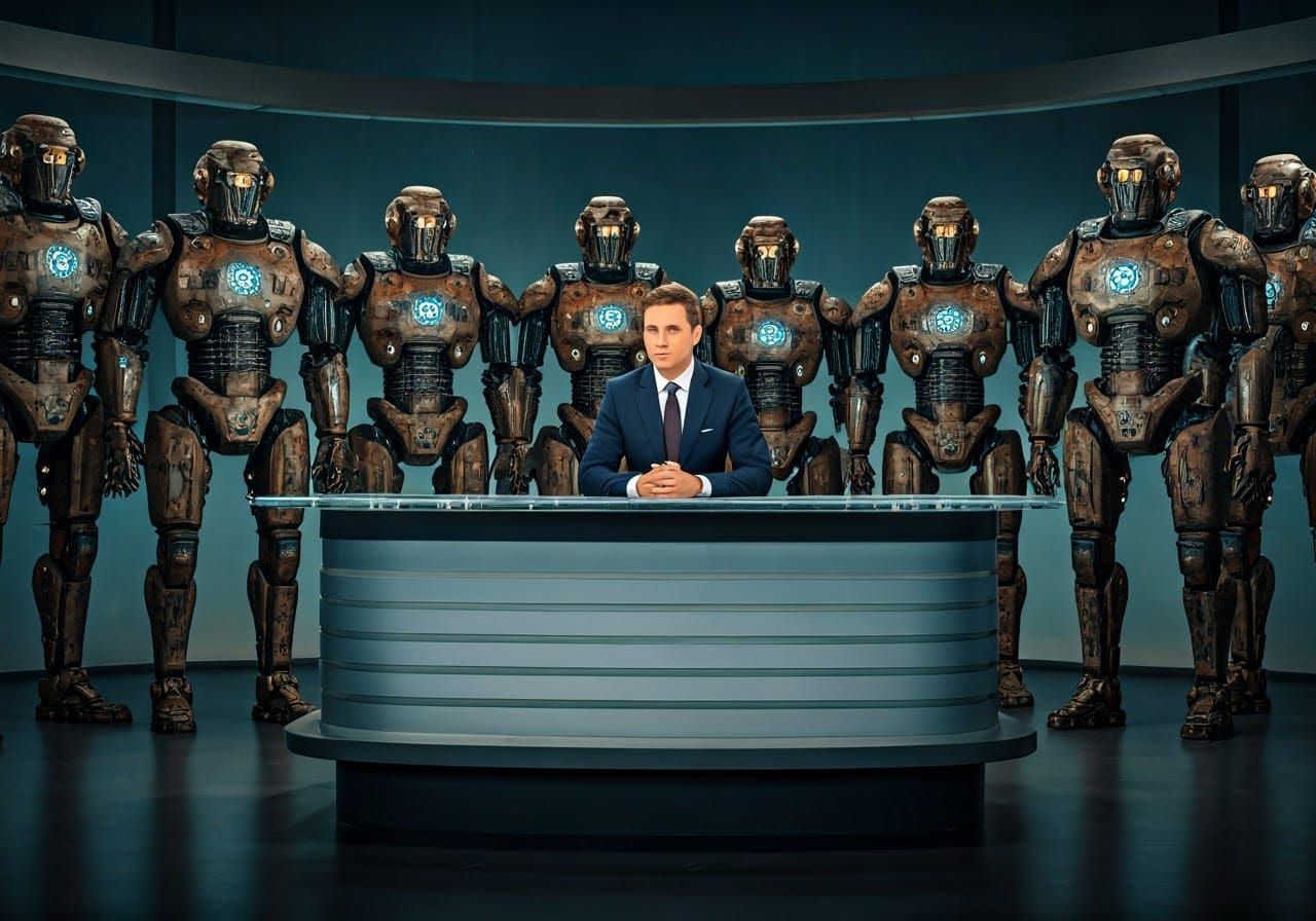 Future News Anchor Surrounded by Mujahedeen Robots in Indust...