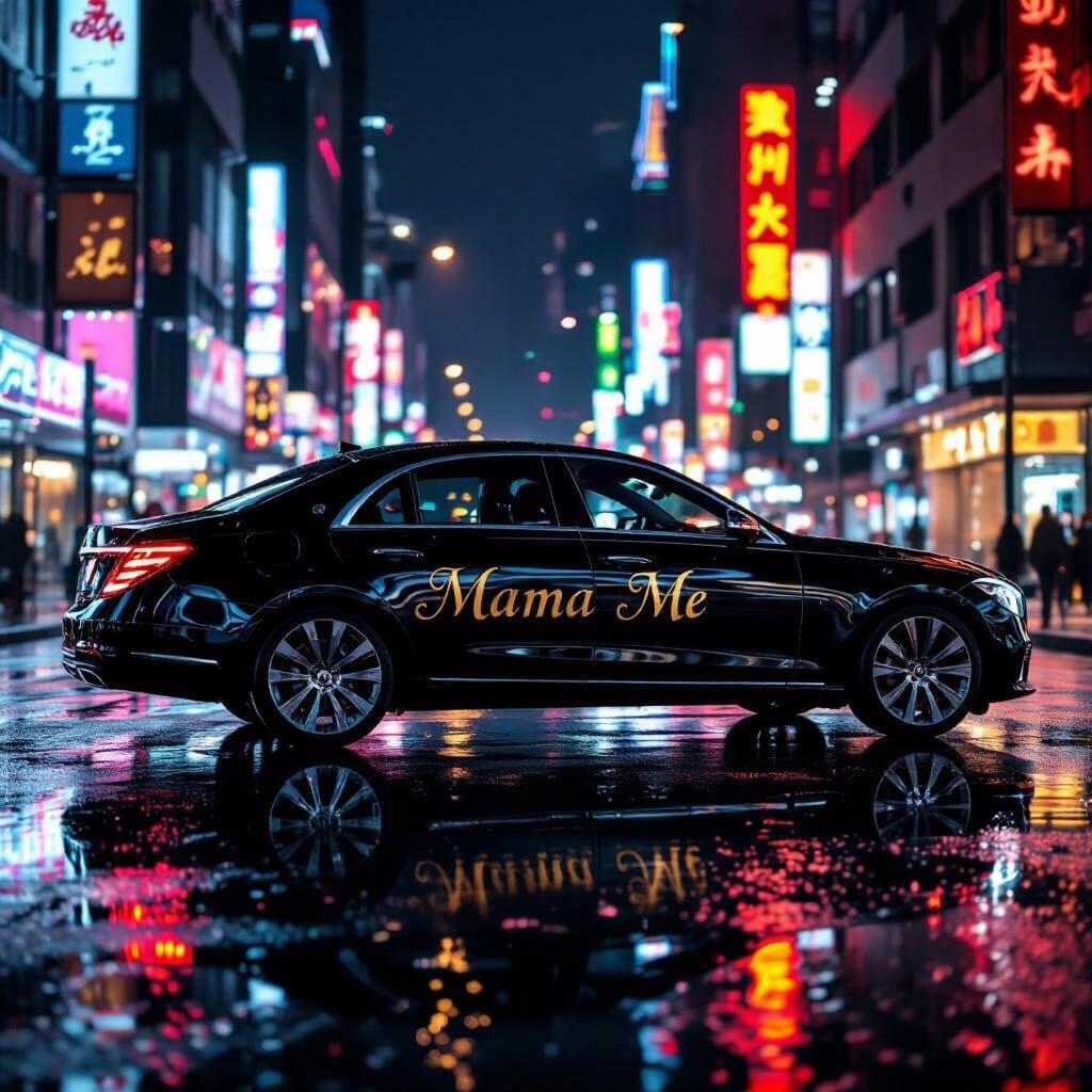 Black Luxury Sedan with "Mama Me" in Gold on Neon City Stree...