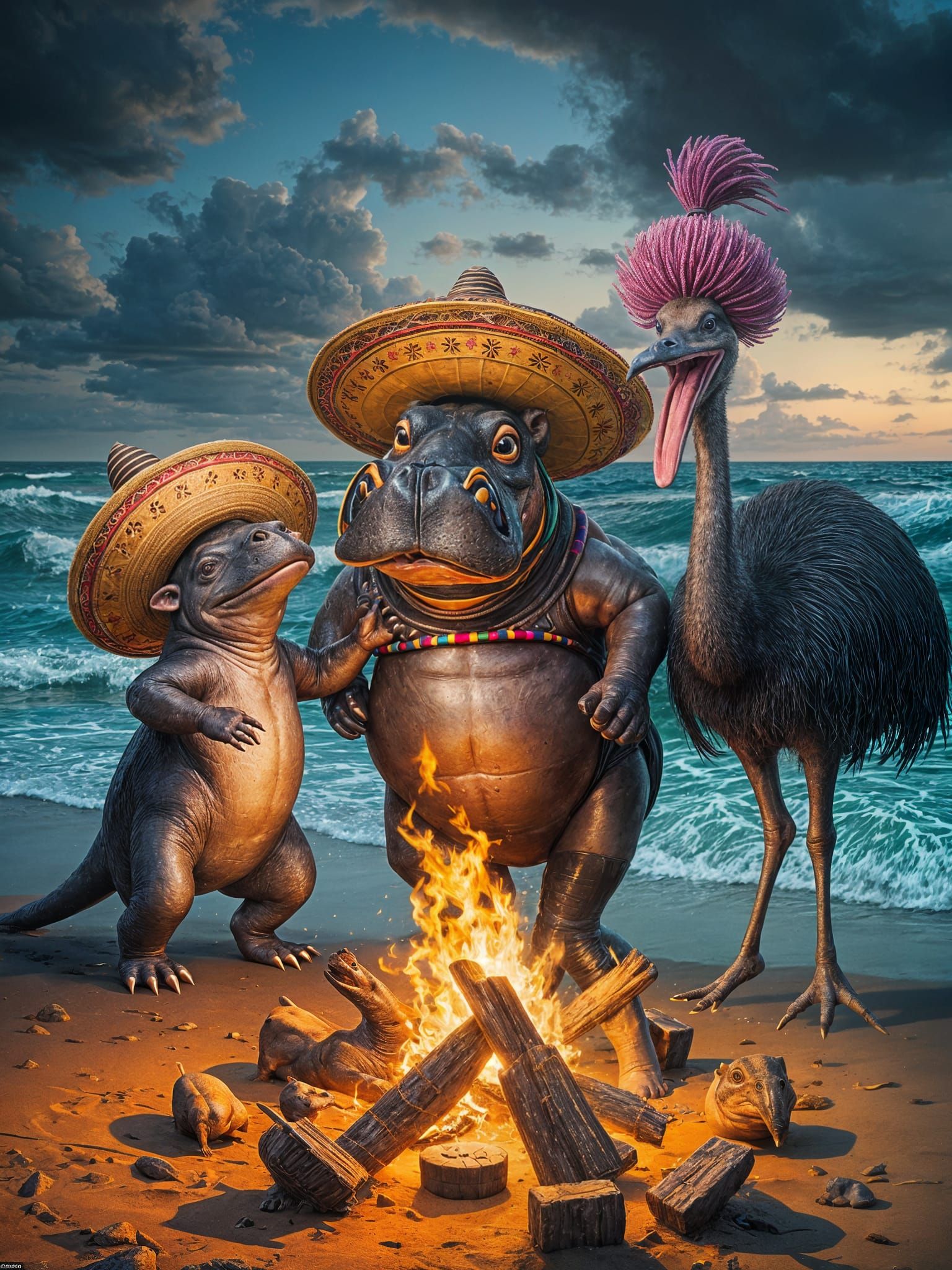 Playful Animals Dancing on a Beach in Cyberpunk Style