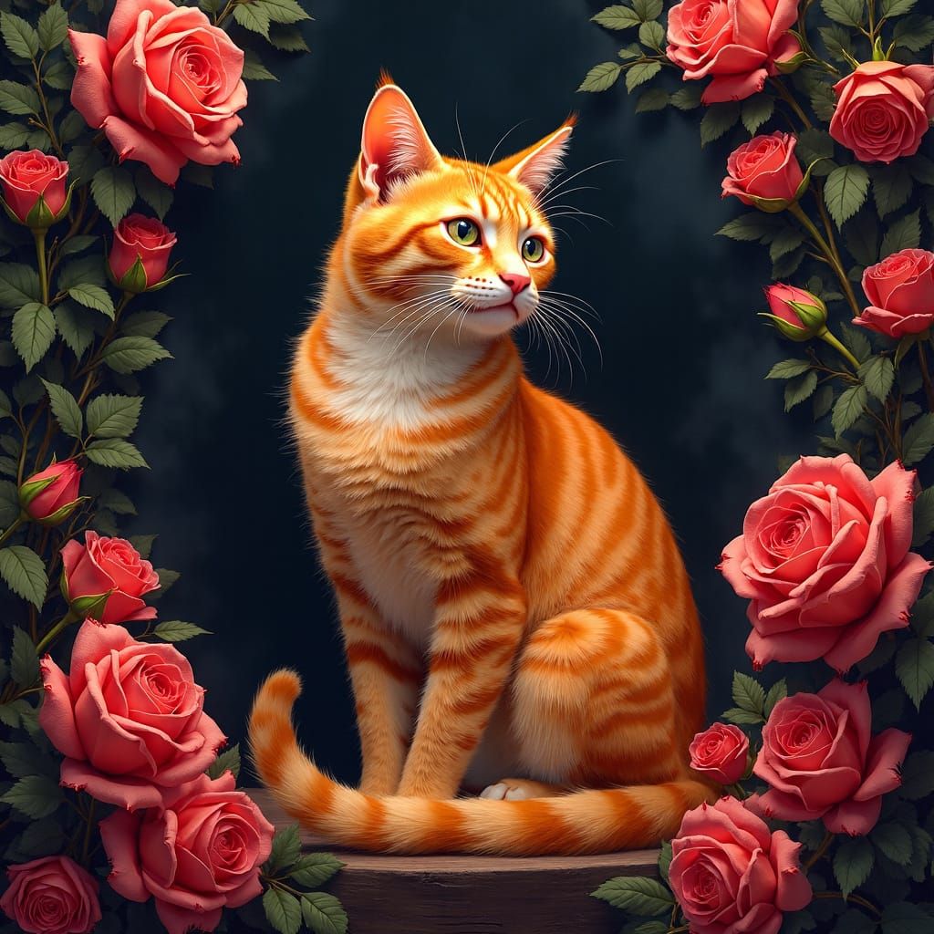 Vibrant Cat Among Roses in Oil Paint Style