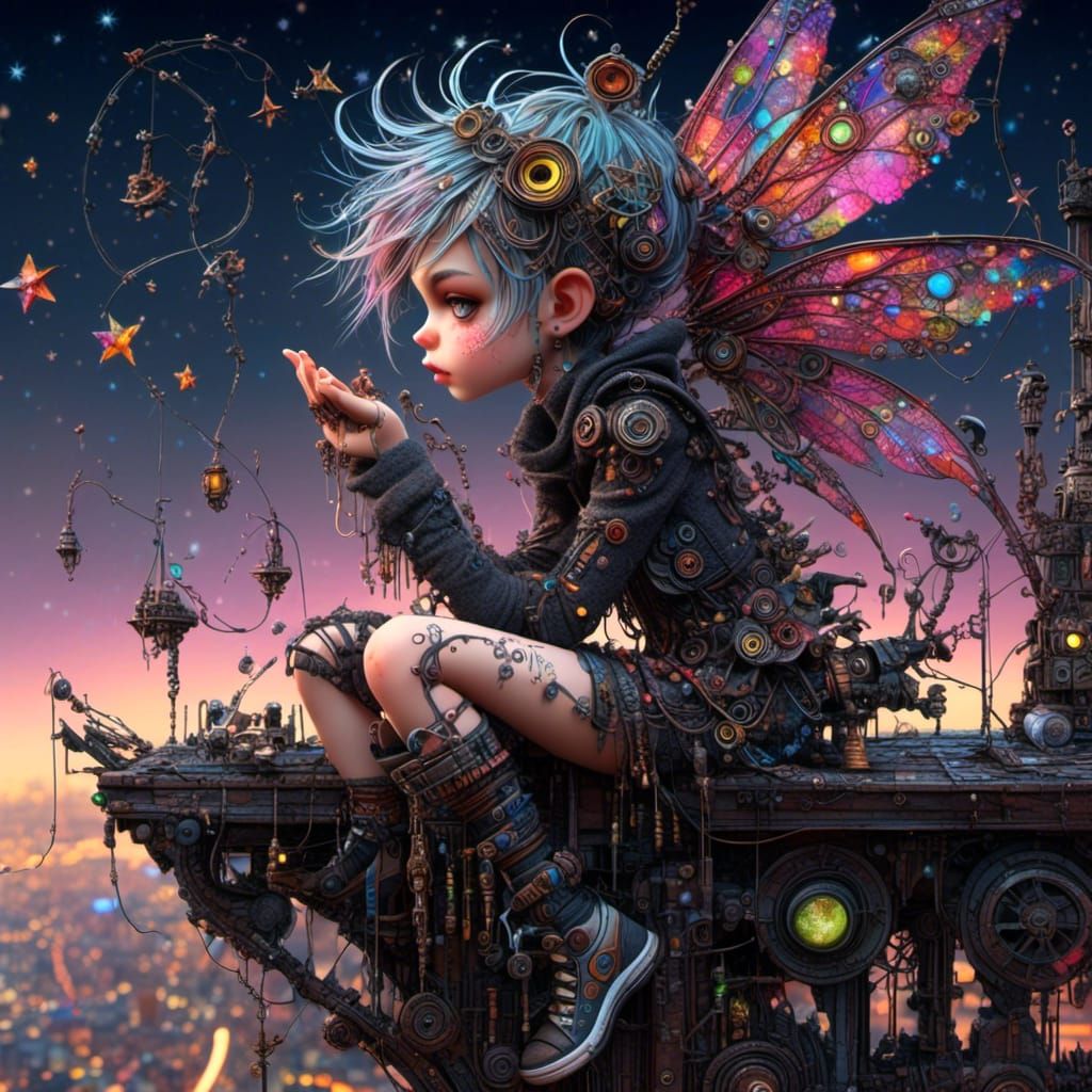 Cyberpunk Pixie on Rooftop Gazing at Stars