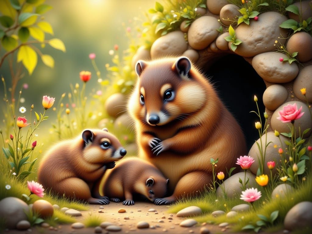 Whimsical Groundhog Family in Golden Sunlight