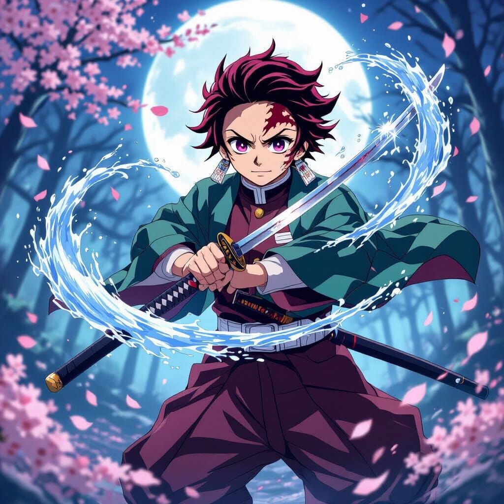 Tanjiro Kamado in Moonlit Forest: Anime Water Breathing Art