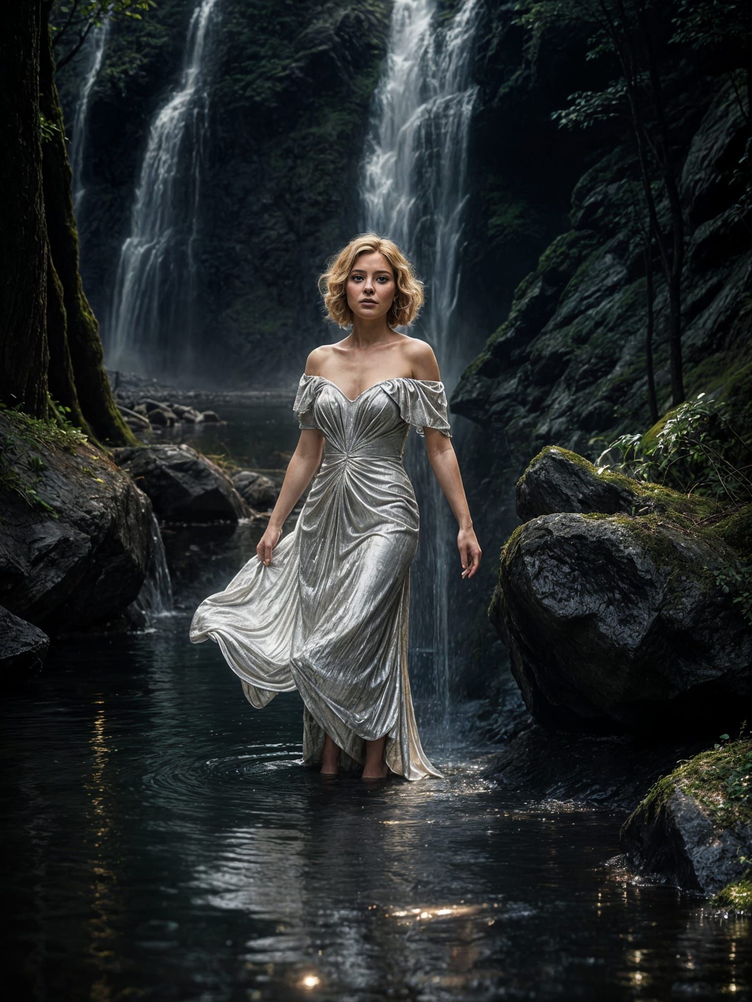 Woman in Silver Velvet Edwardian Dress by Waterfall
