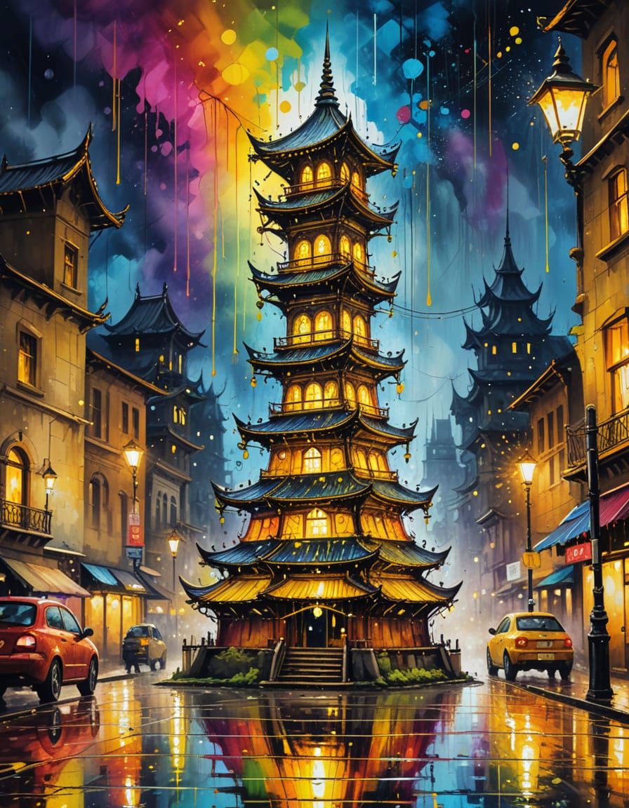 Steampunk Pagoda Illustration in Vivid Colors