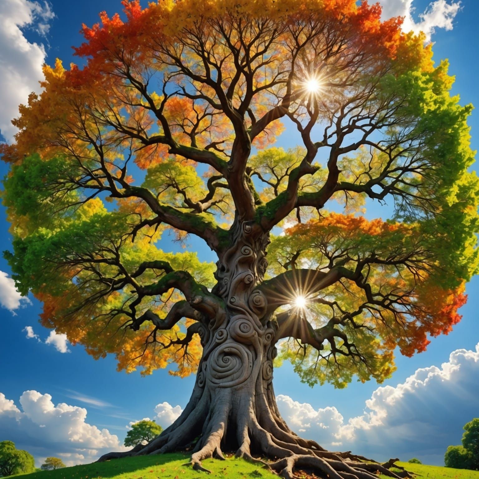 Ancient Life Tree with Swirling Colorful Leaves