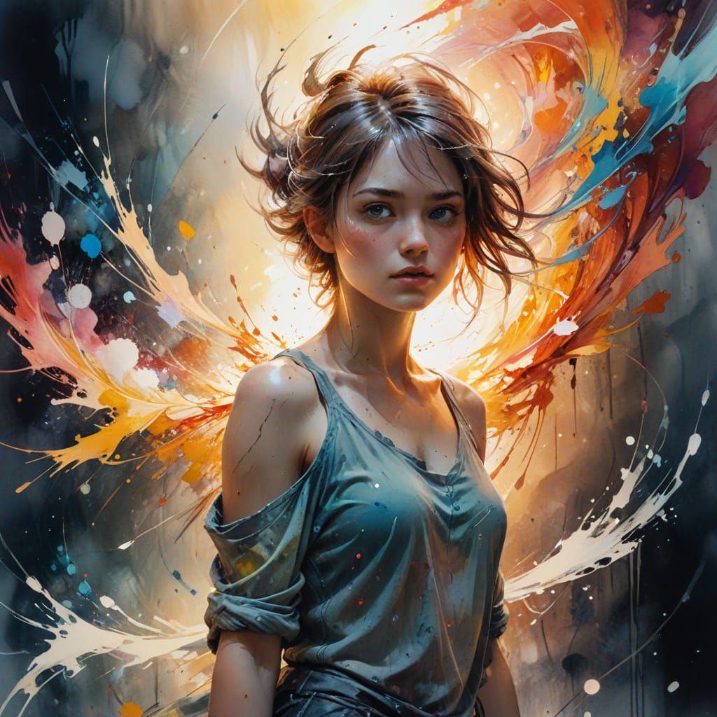 Figure in Vortex of Color and Light, Expressive Watercolor