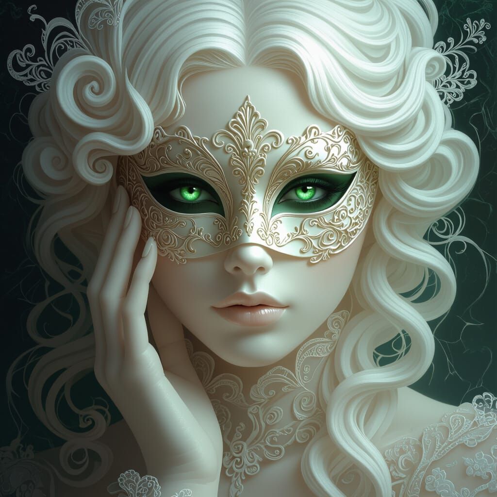 Surreal Porcelain Woman with Emerald Eyes and Venetian Mask
