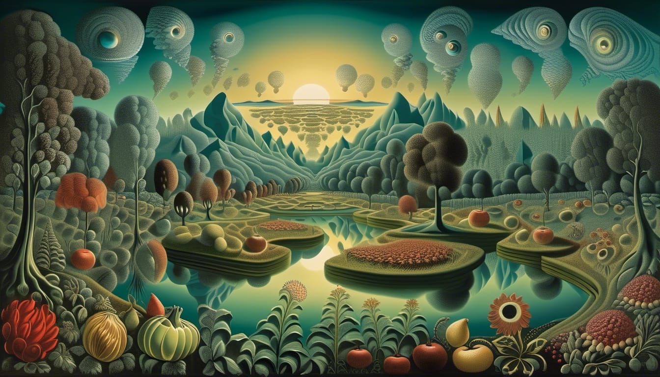 Ethereal Force Over Mirror Lake in Cubist Style