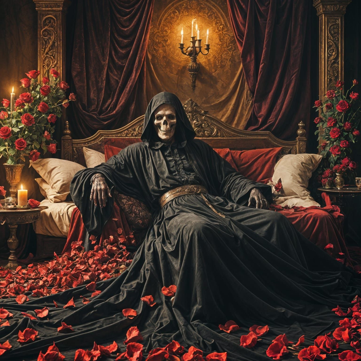 Grim Reaper Reclining in Roses: A Dark Fantasy
