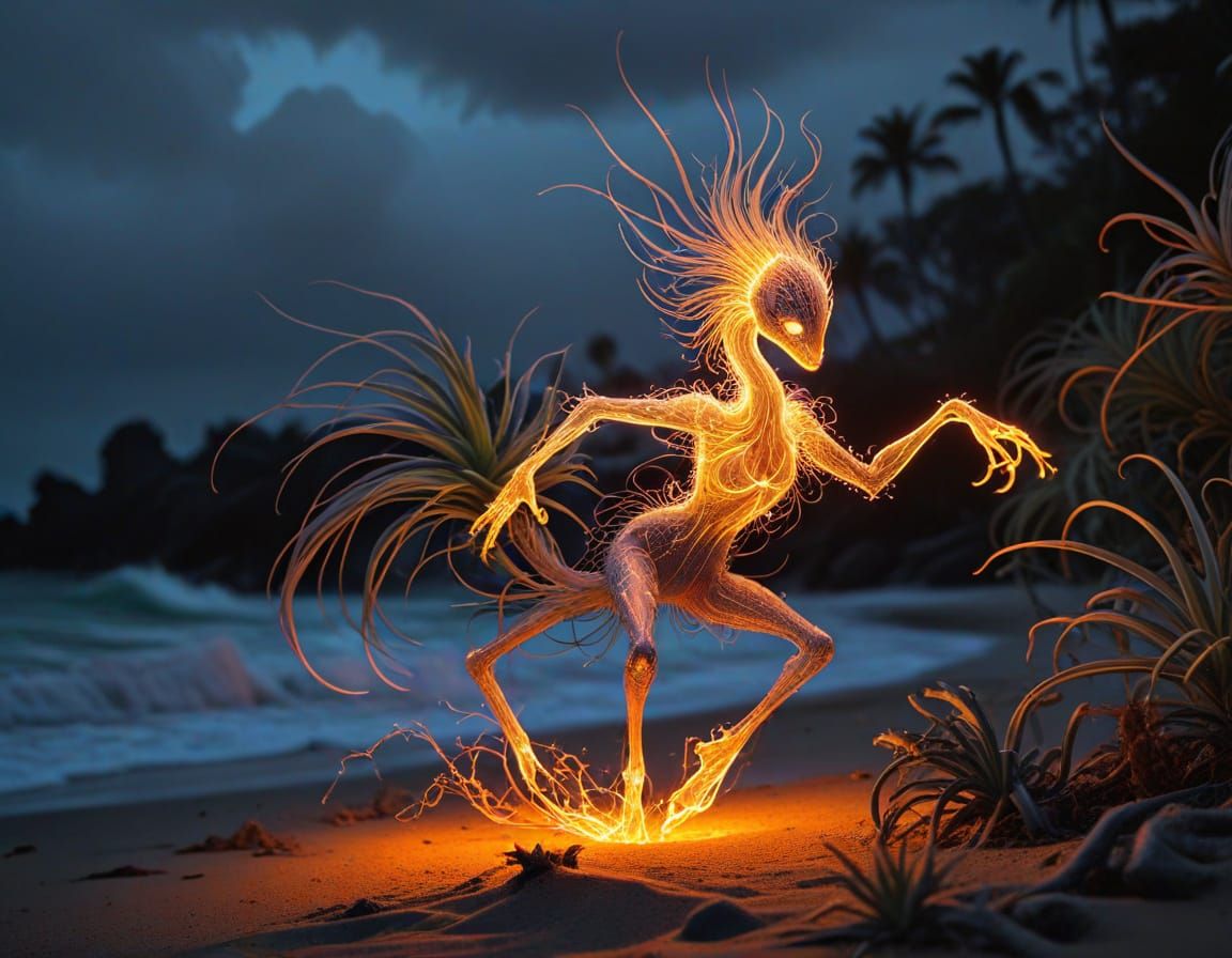 H-Ish FaunalFlora in Neon Liquid Fire Outline on the Beach
