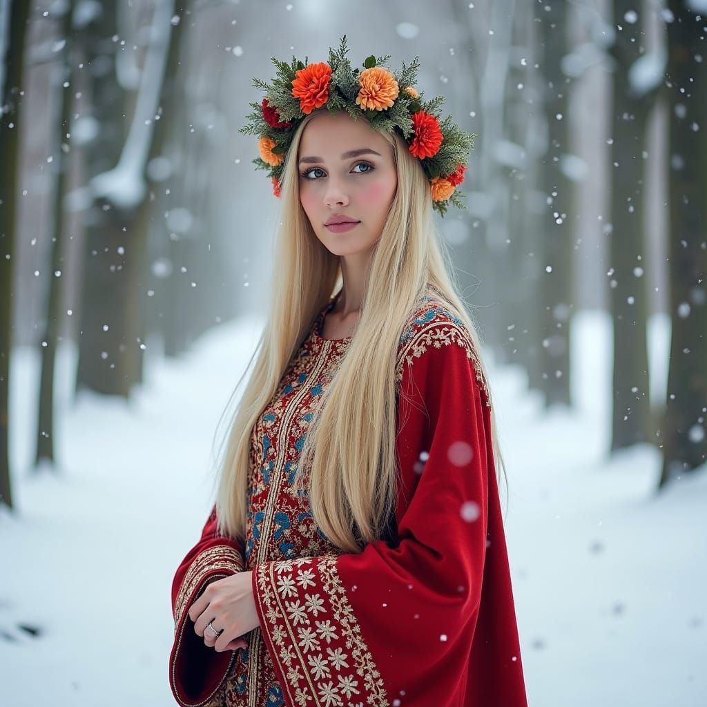 Russian Winter Queen in Slavic Attire