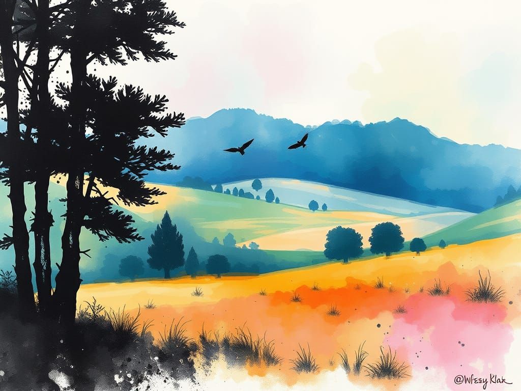 Pastel Landscape with Ink Splatter Effect