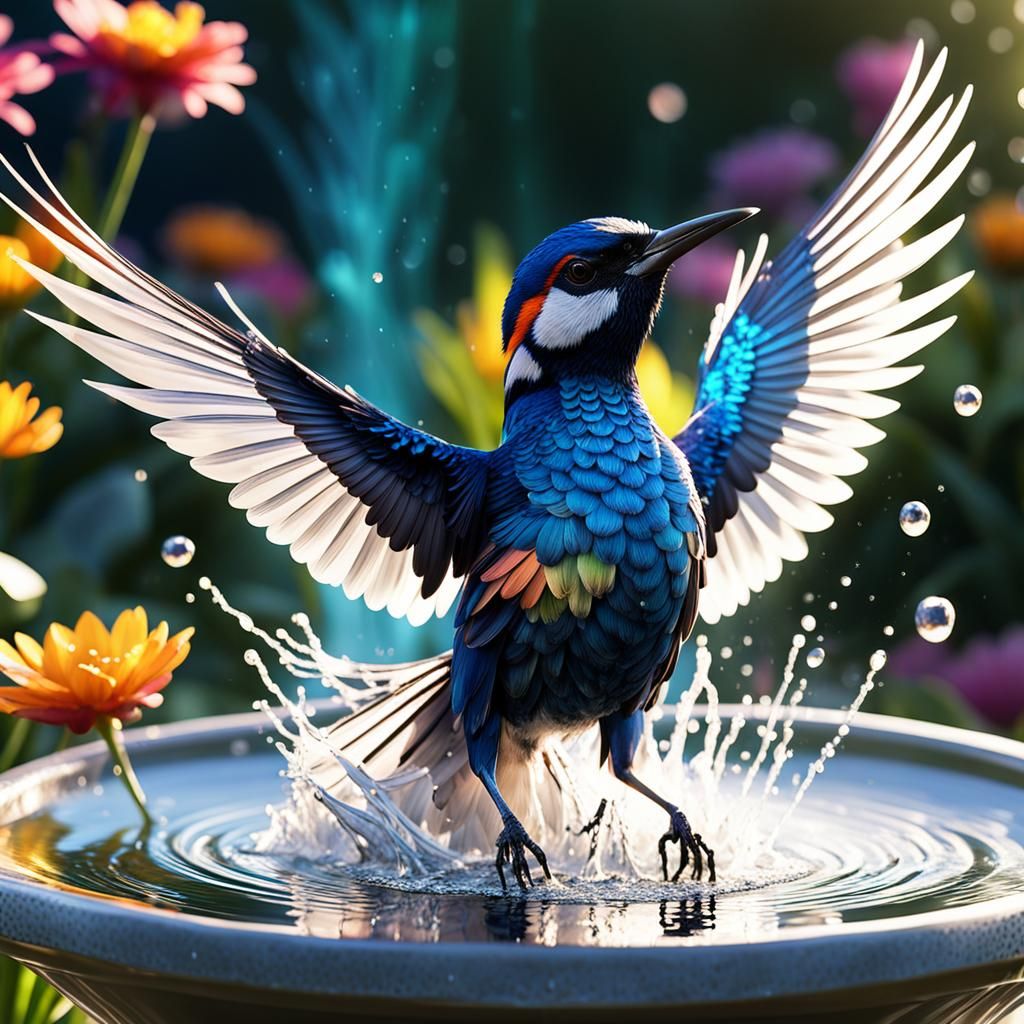 Joyful Bird Bathing: Prism Macro Photography
