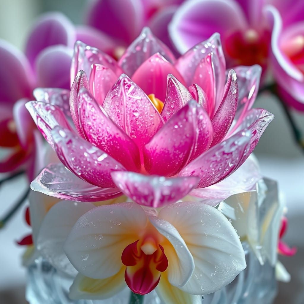 Ethereal Ice Lotus Blooms Among Orchids in Stunning Photorea...