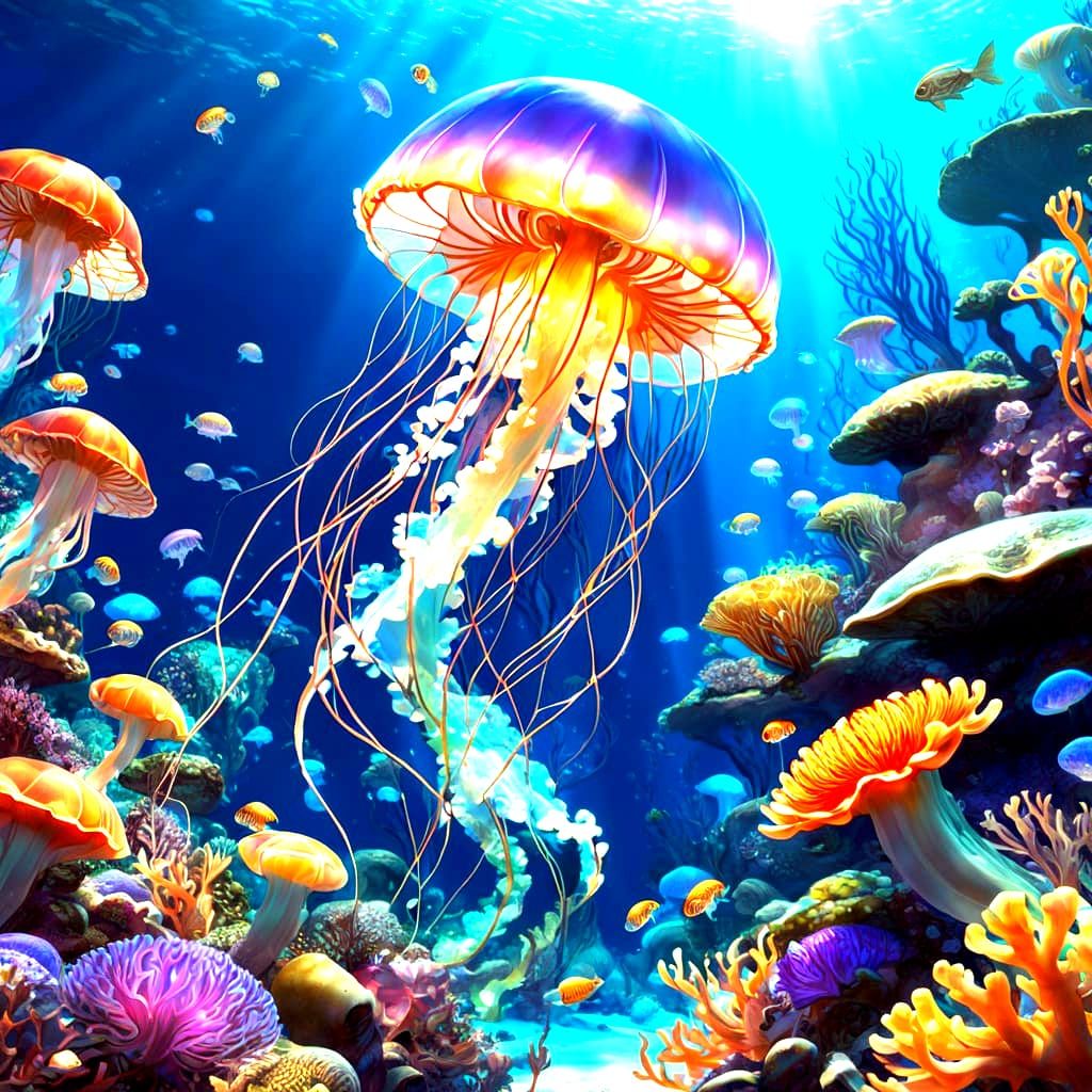 Opalescent Jellyfish in Vibrant Coral Reef