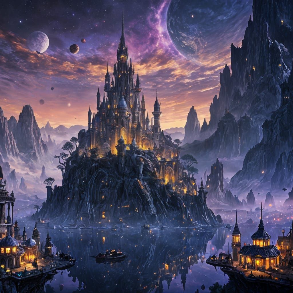 Floating Island Cities in Dark Blue Sky: Digital Art