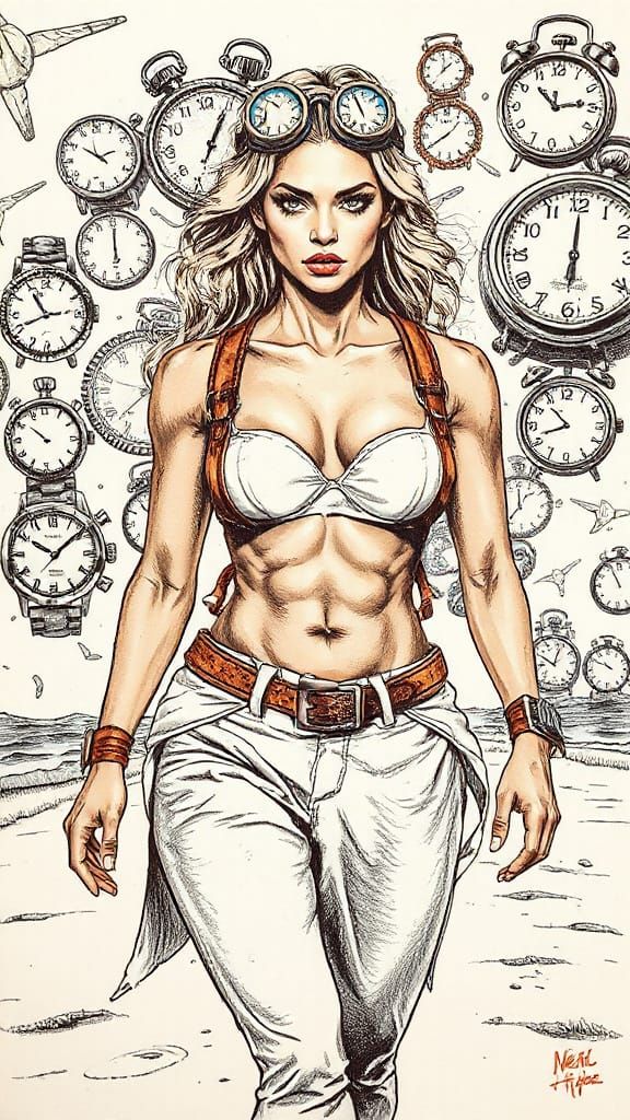 Steampunk Bombshell with Time Goggles Ink Drawing