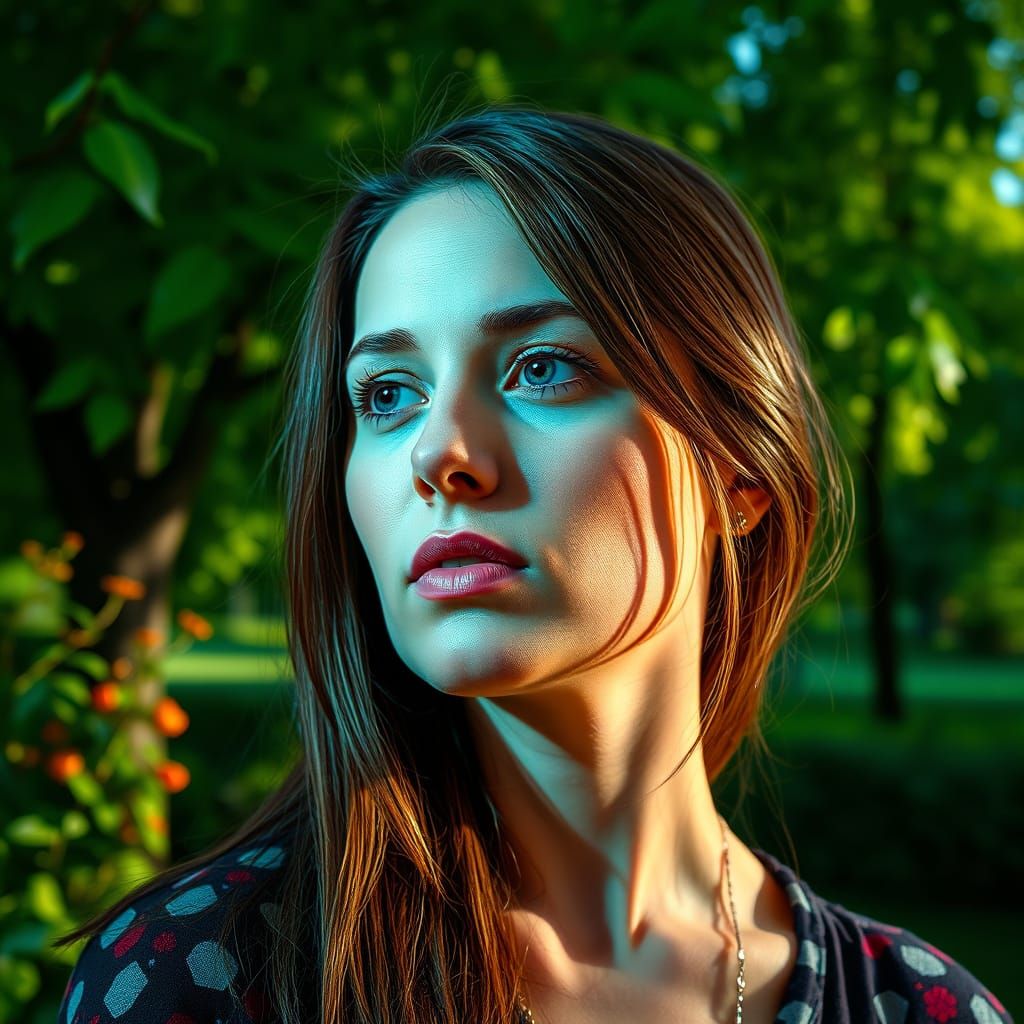 Vibrant Green Park Portrait in Hyperrealistic Style