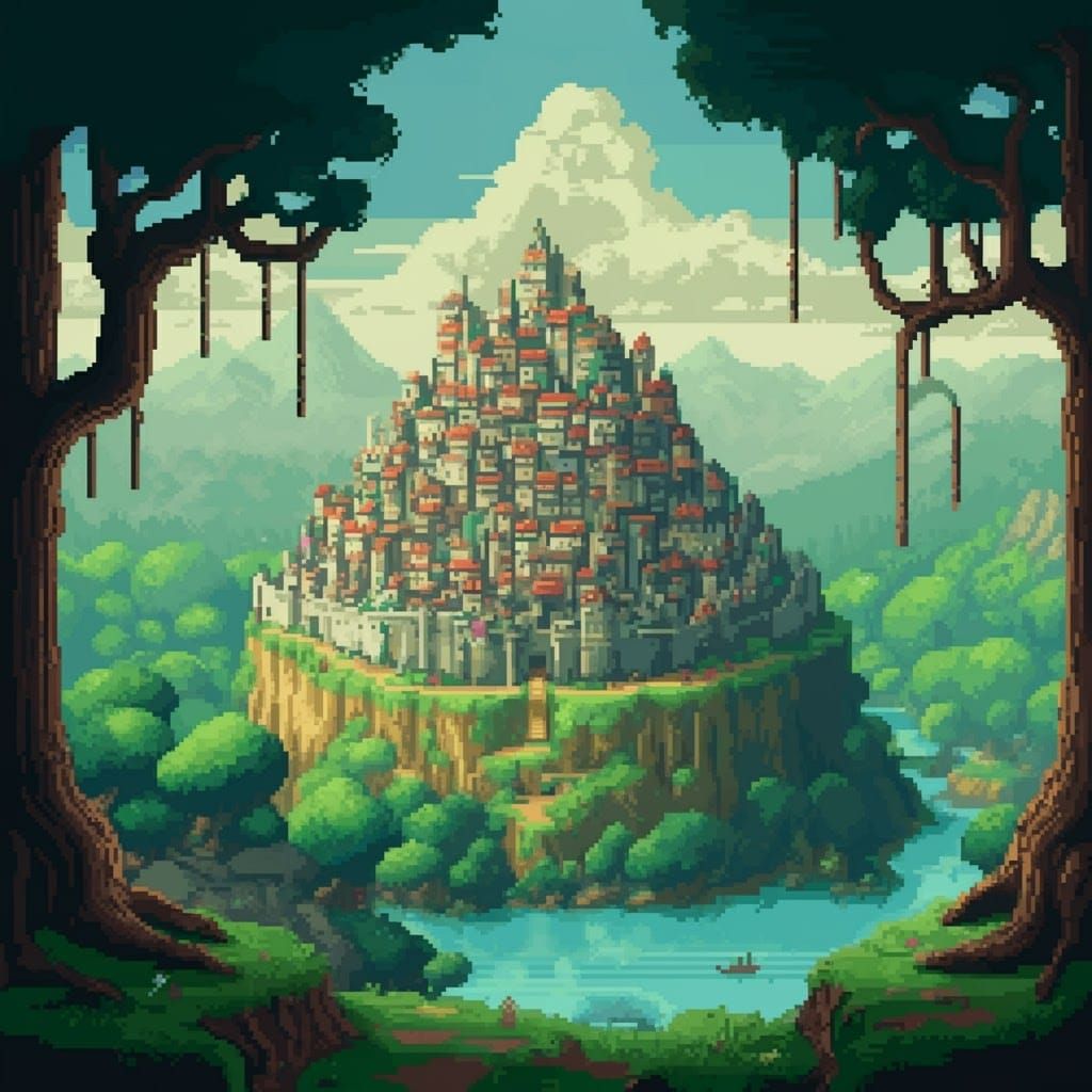 8-Bit Mythical City on a Hill: Retro Game Art