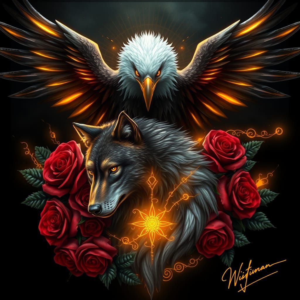 Majestic Eagle and Fierce Wolf Unite in Vibrant, Symbolic Da...
