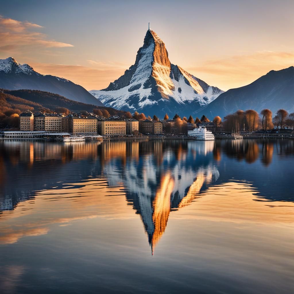 Switzerland : Matterhorn reflected in Lake Geneva during gol...