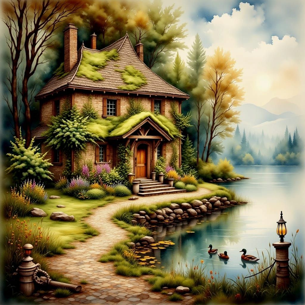 Quaint Lakeside Cottage in Antique Watercolor Style