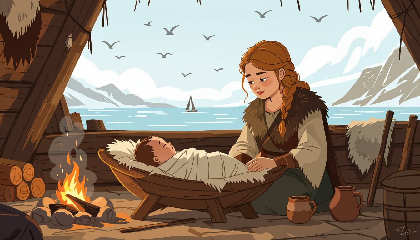 Viking Mother and Newborn in Longhouse