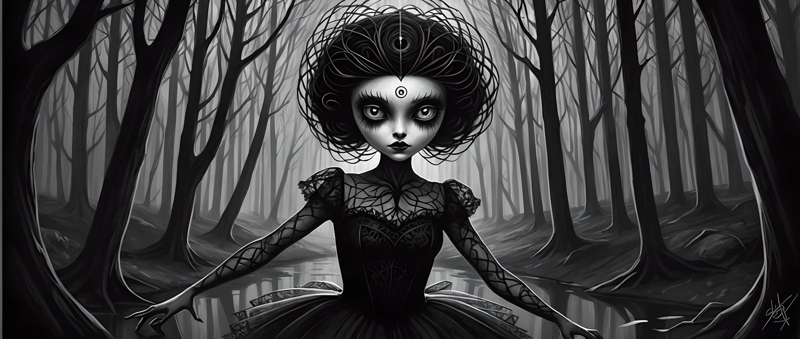 Creepy Eyeball Ballerina in Dark Forest