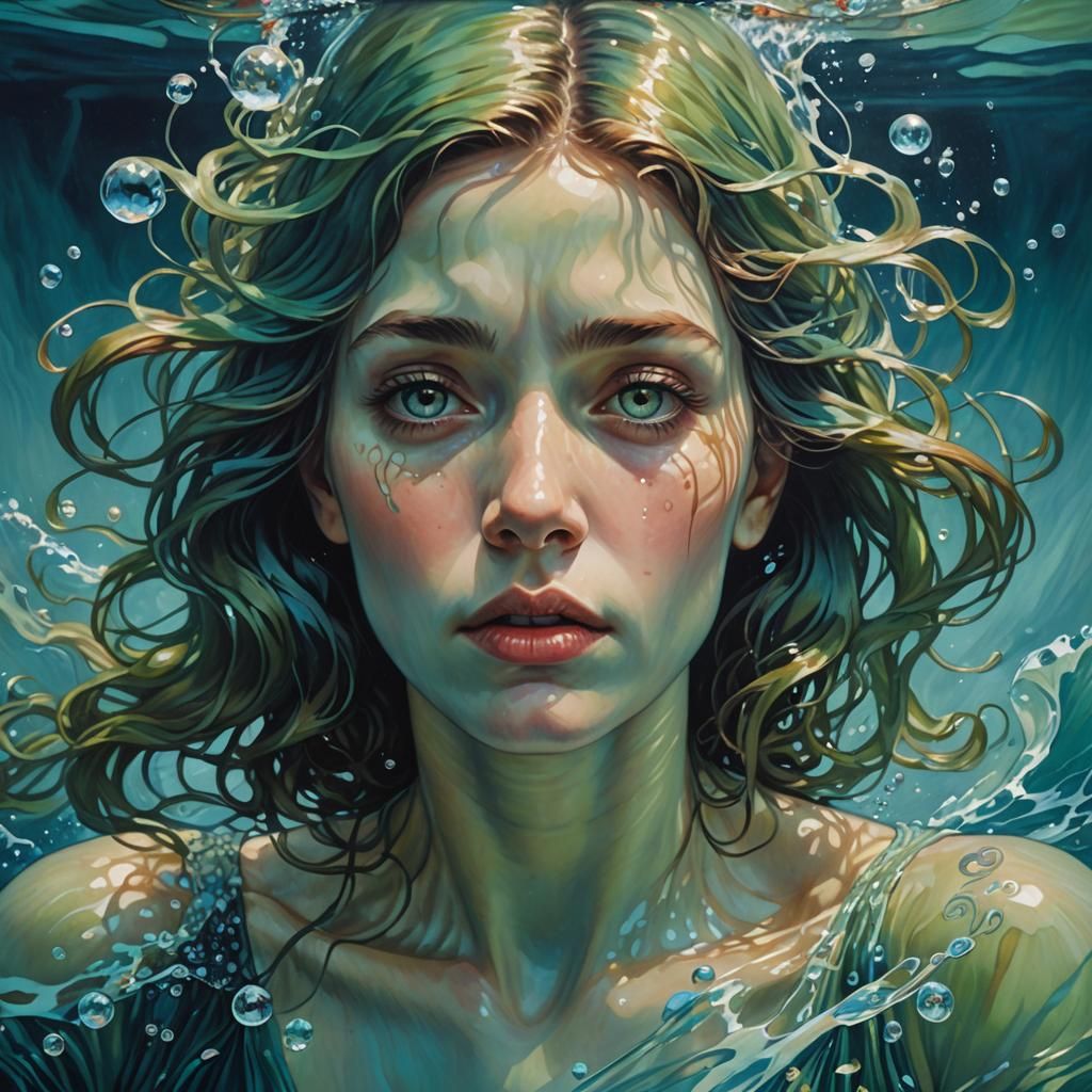 Underwater Drowning Woman Portrait in Art Nouveau Style