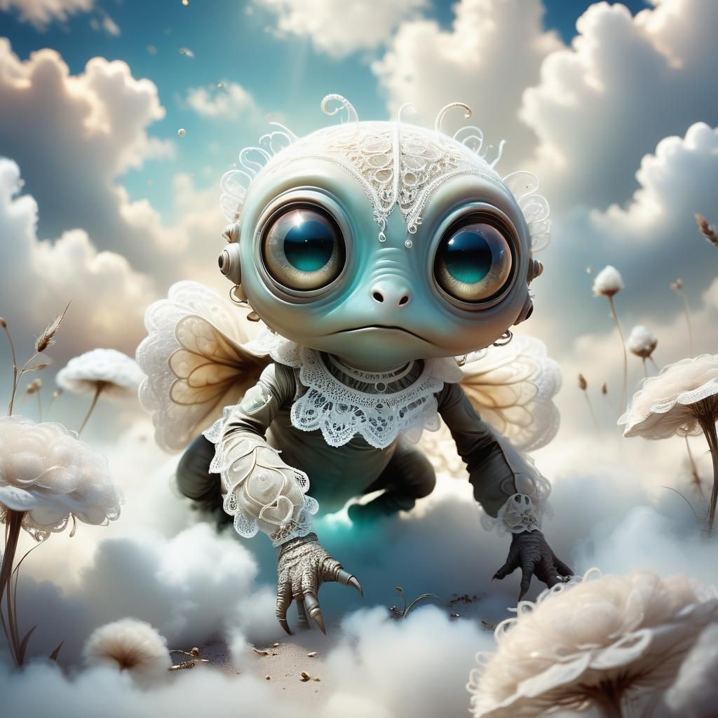 Endearing Alien Crawling in Clouds: Fantasy Illustration