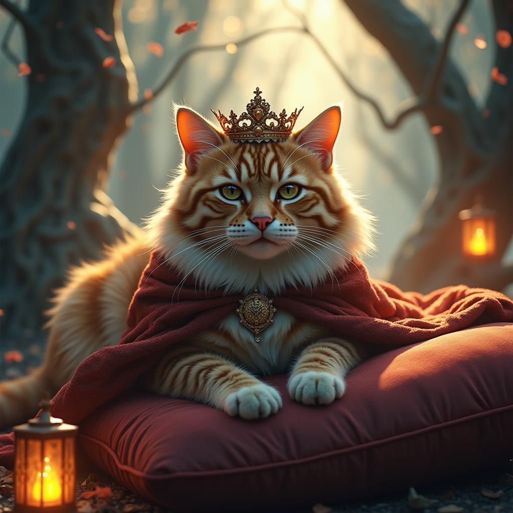 Regal Cat Monarch in Mystical Dreamlike Kingdom