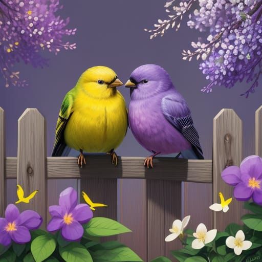 Vibrant Yellow Birds on Lilac Fence as Nature Illustration