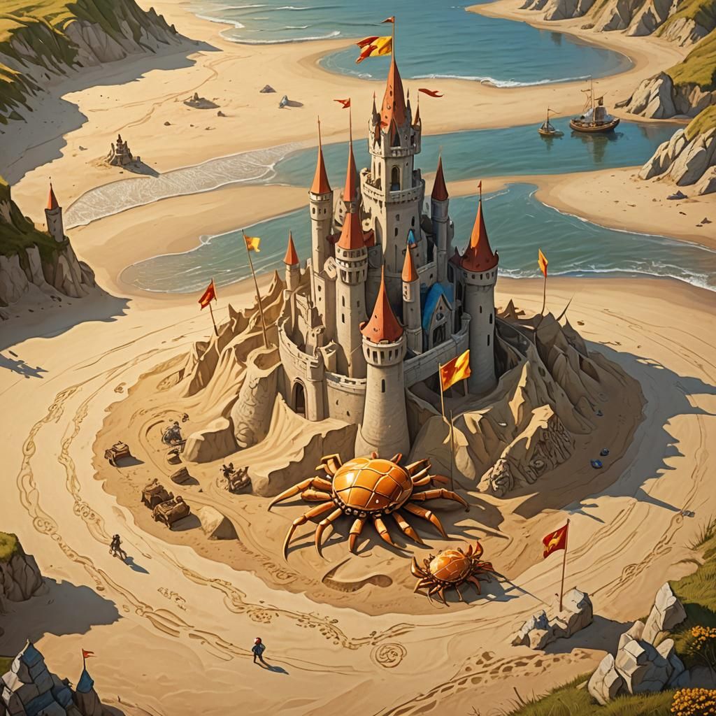Crab Approaches Medieval Sandcastle: Art Nouveau Concept