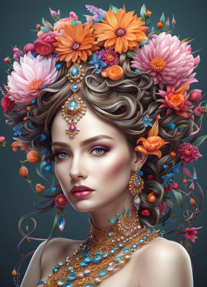 Woman with Elaborate Floral Hair, Detailed Matte Painting