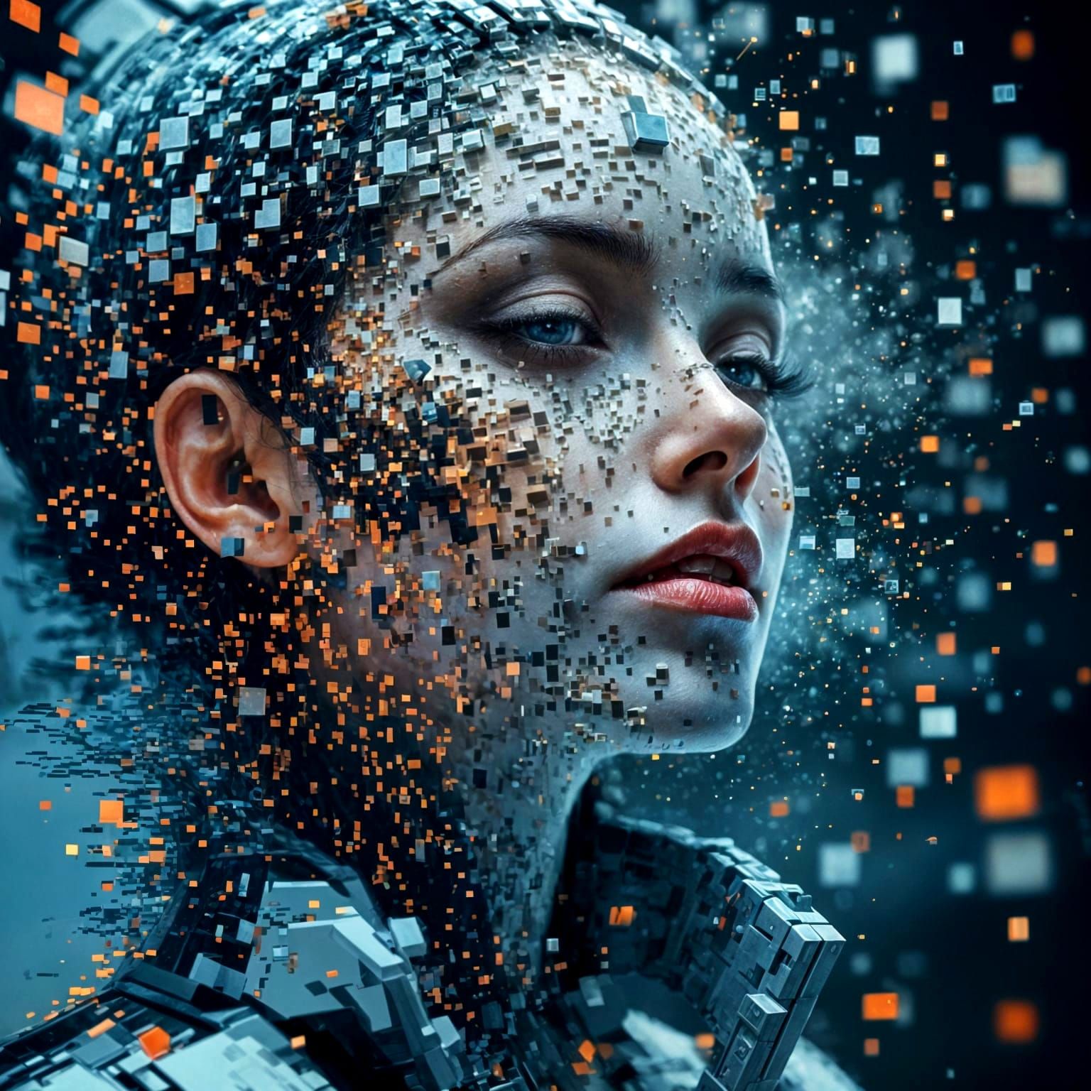 Pixelated Woman Dissolving in Futuristic Blueprint