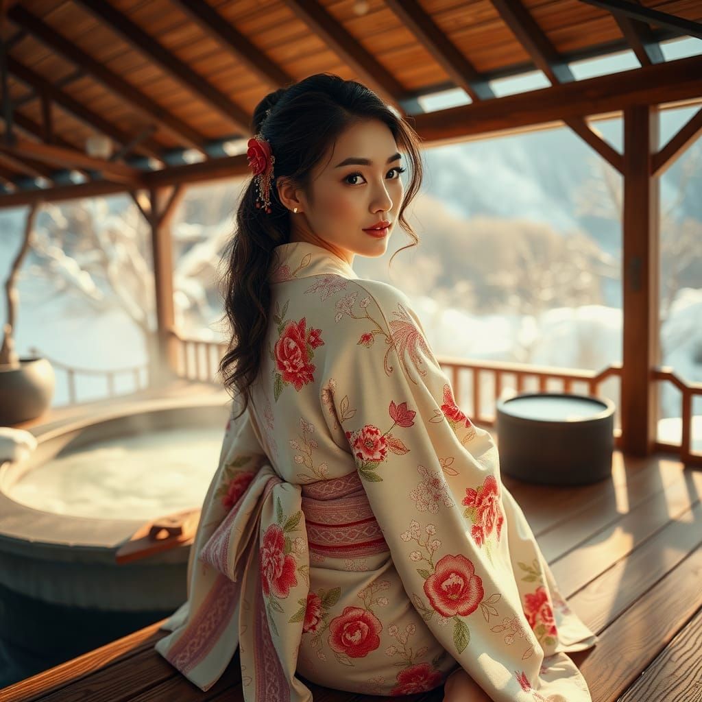 Elegant Woman in Kimono by Snowy Onsen