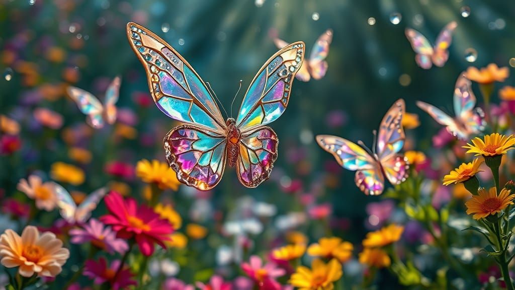 Iridescent Crystal Butterflies in a Vibrant Garden