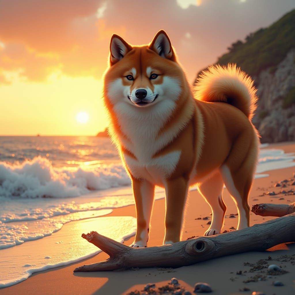 Fluffy Shiba Inu at Sunset: Digital Matte Painting