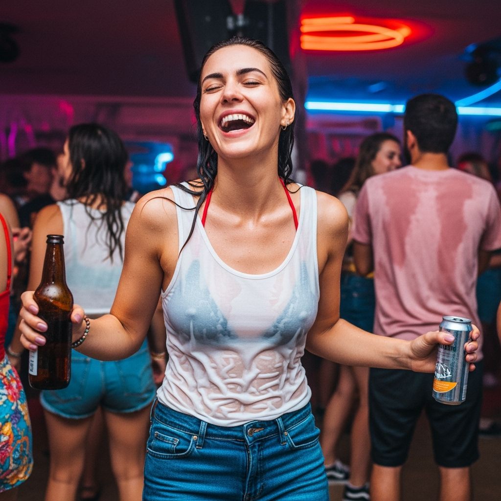 Woman in Wet Tank Top at Beach Party