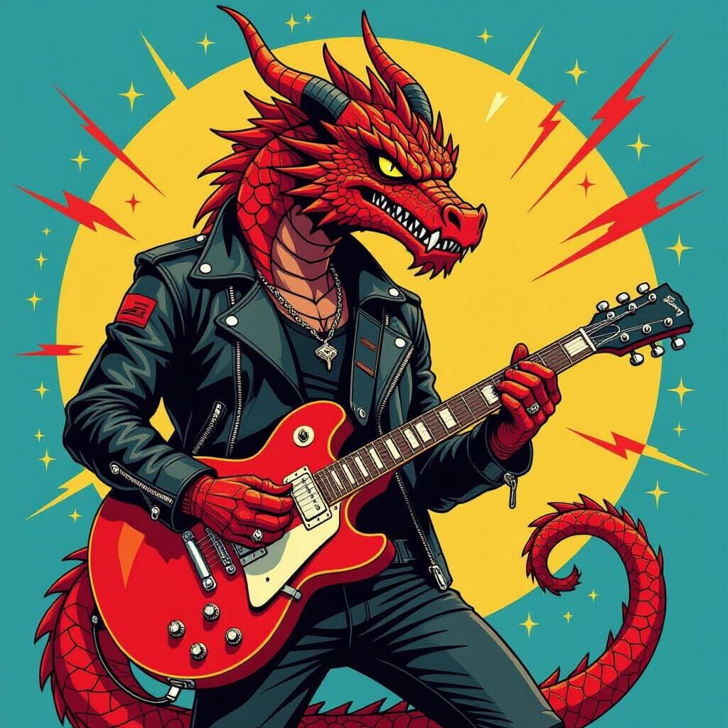 Dragon Rocker with Guitar in Vector Art Style