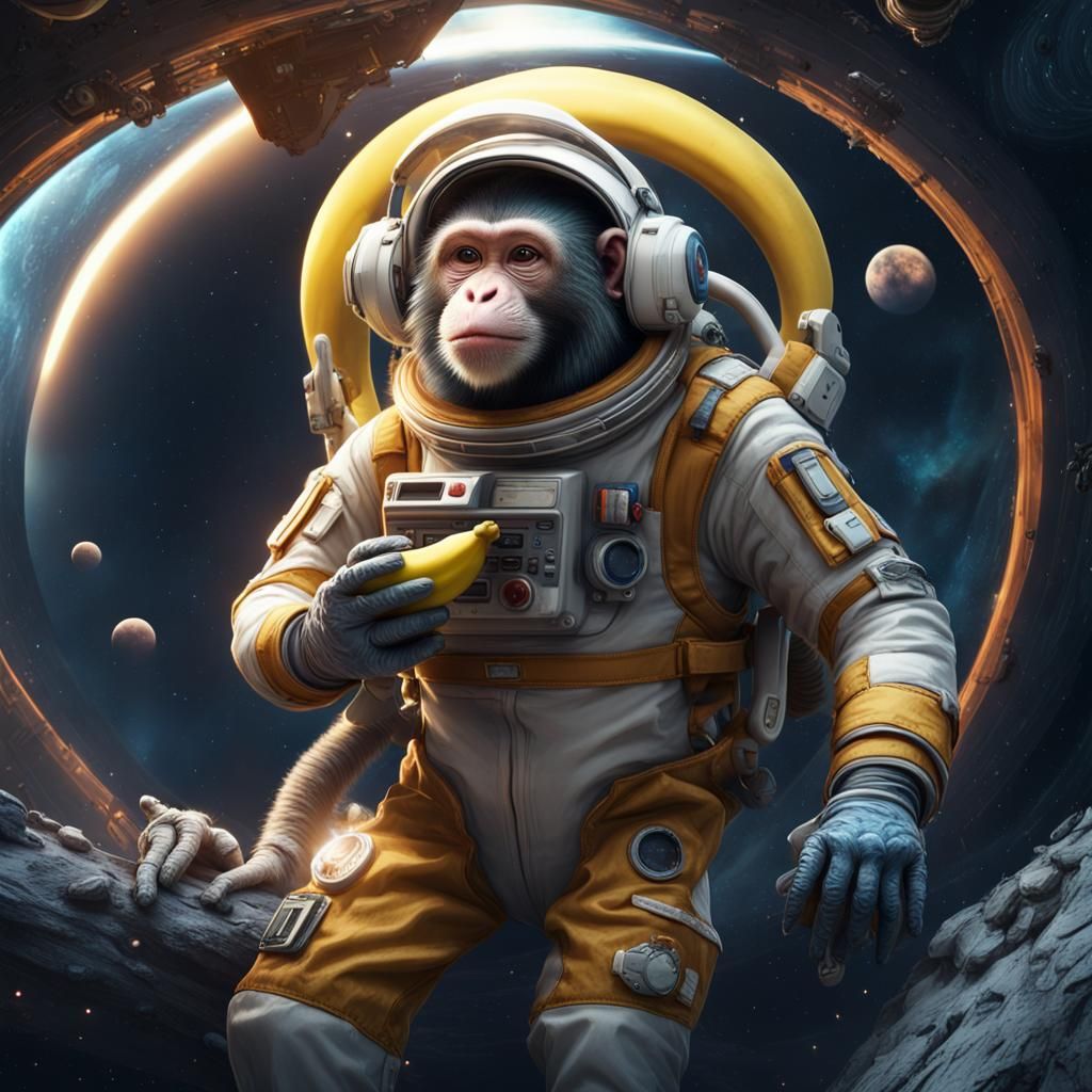 Monkey in Space with Banana: Detailed Matte Painting