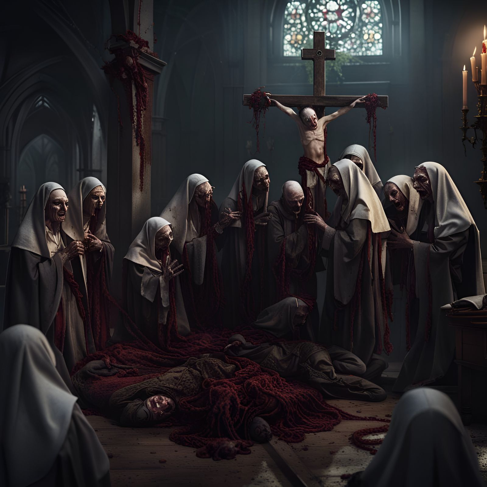 Demonic Nuns Vomiting Zombie Babies: Detailed Matte Painting