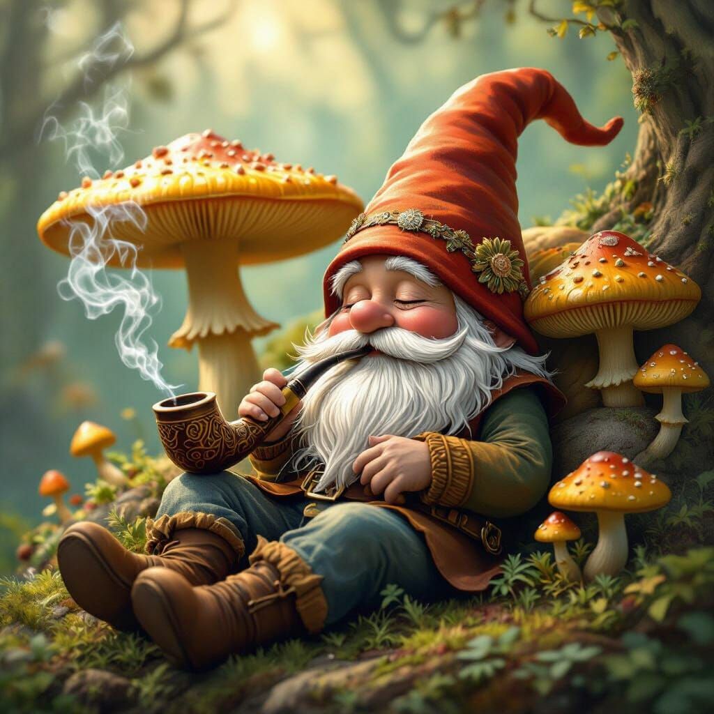 Gnome Resting Against Psychedelic Mushroom, Whimsical Art