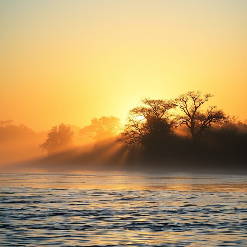 Dawn's Serene Zambezi River in Dreamy Impressionist Style