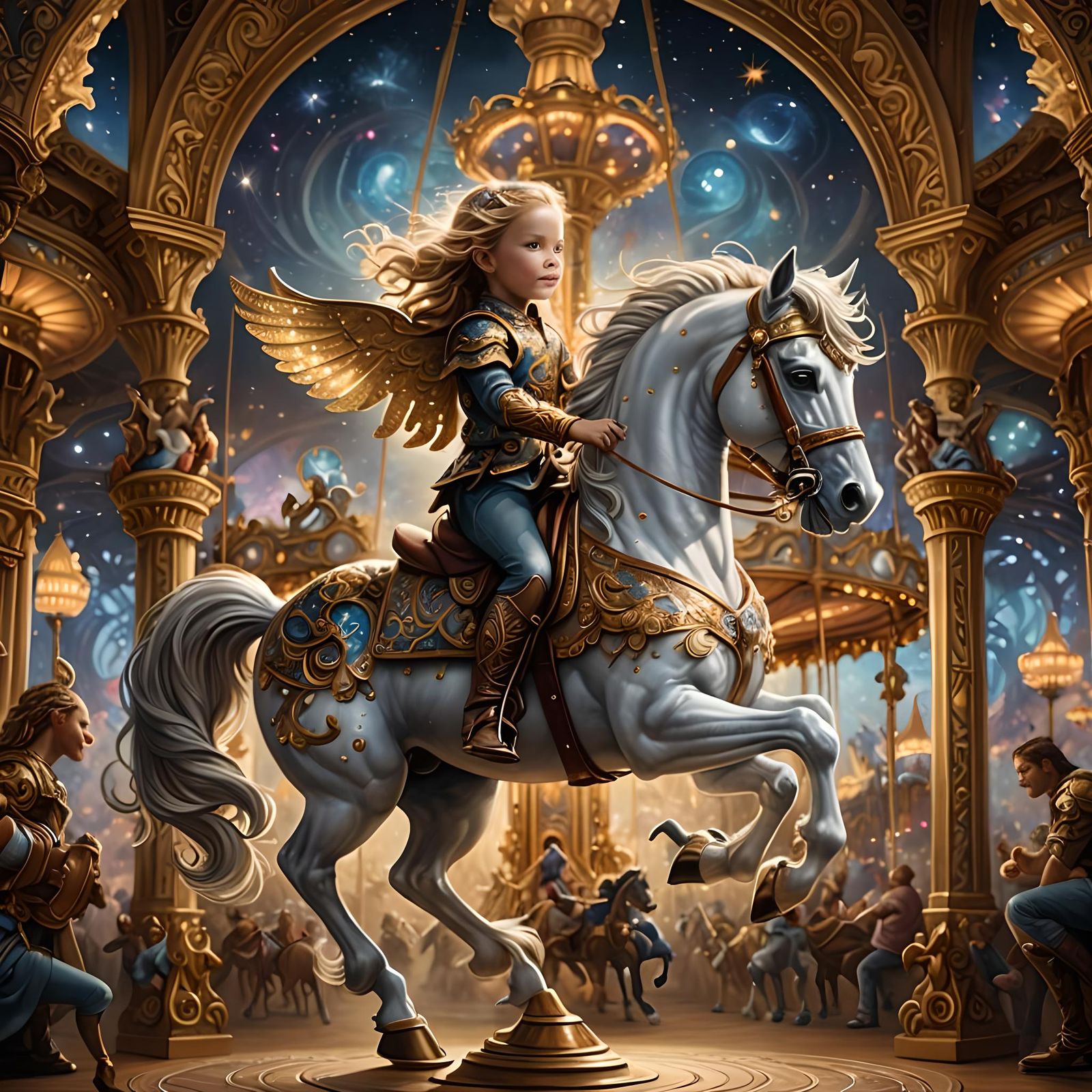 Toddler on Carousel Horse Over Magical Kingdom