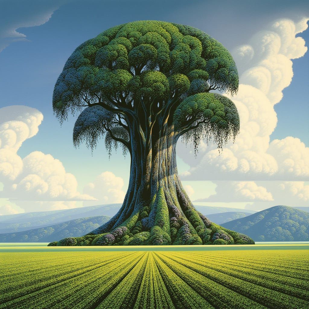 Giant Tree Woman in Victorian Dress Amidst Landscape