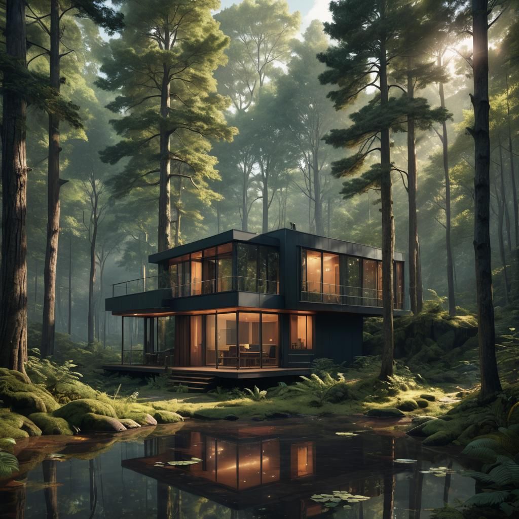 Contemporary Cabin in Forest: Hyper-Realistic Concept Art